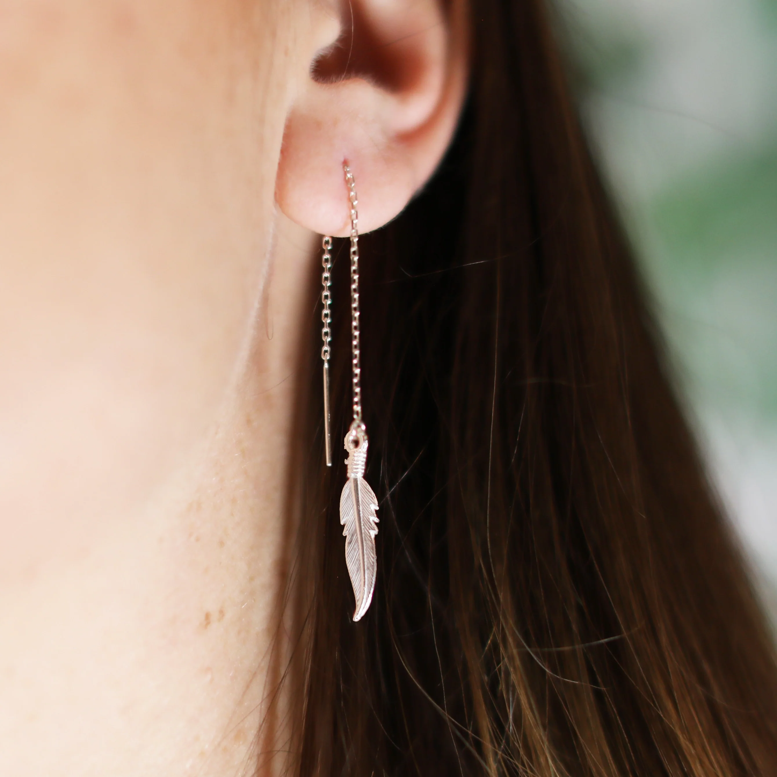 Boho Feather Threader Earrings Silver - Image 2